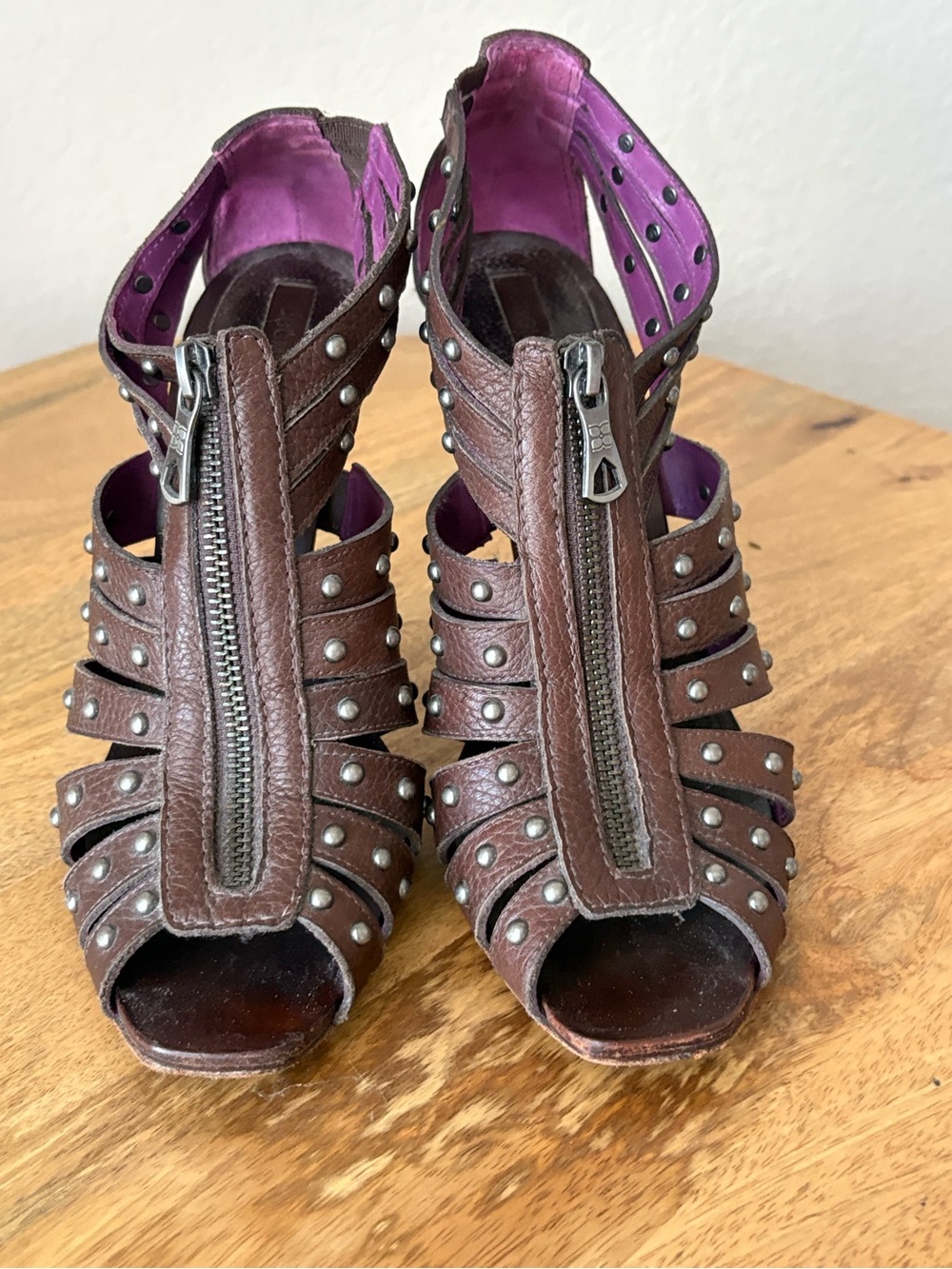BCBGMaxAzria Brown Studded Leather Peep-Toe Heels with Purple Lining